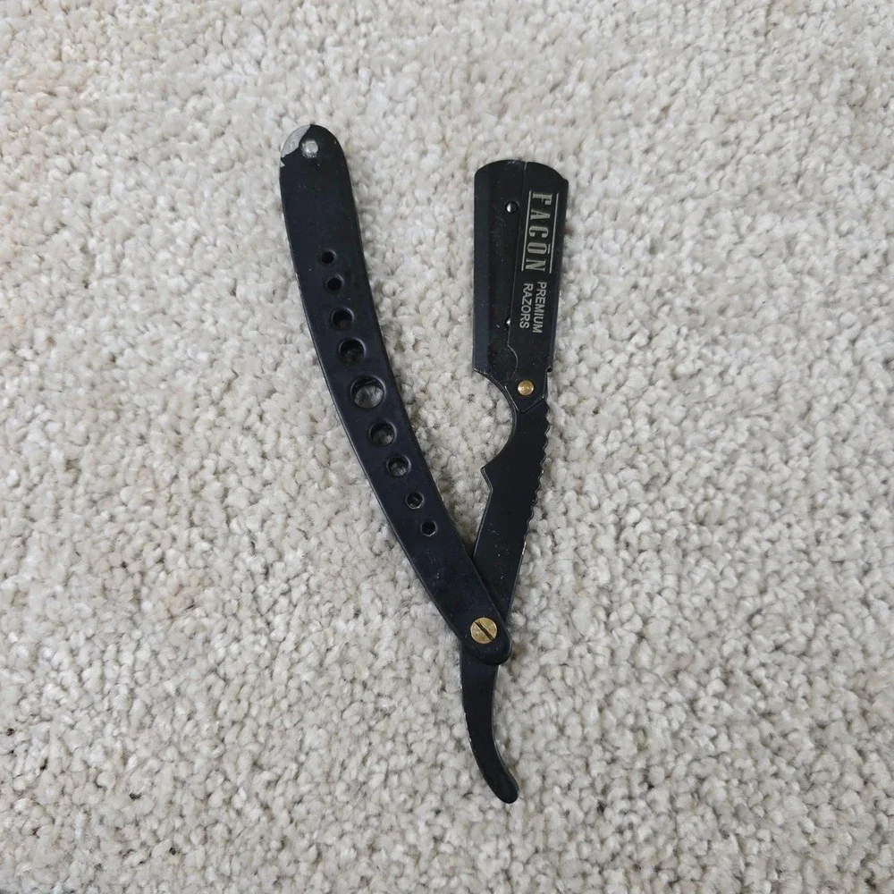 Facon Straight Edge Razor Black Premium Professional Barber Shavette Perforated